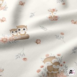 Sowy w kwiatach kremowe tło...